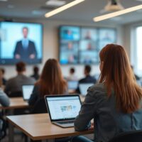 des étudiants dans une salle de classe connectée